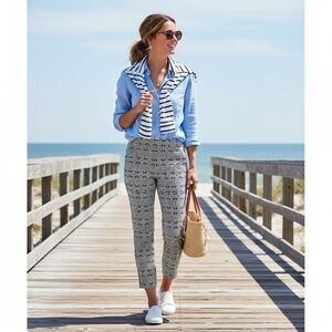 J McLaughlin Geometric Print Straight Leg Pants Crop Stretch Navy White Size 2‎